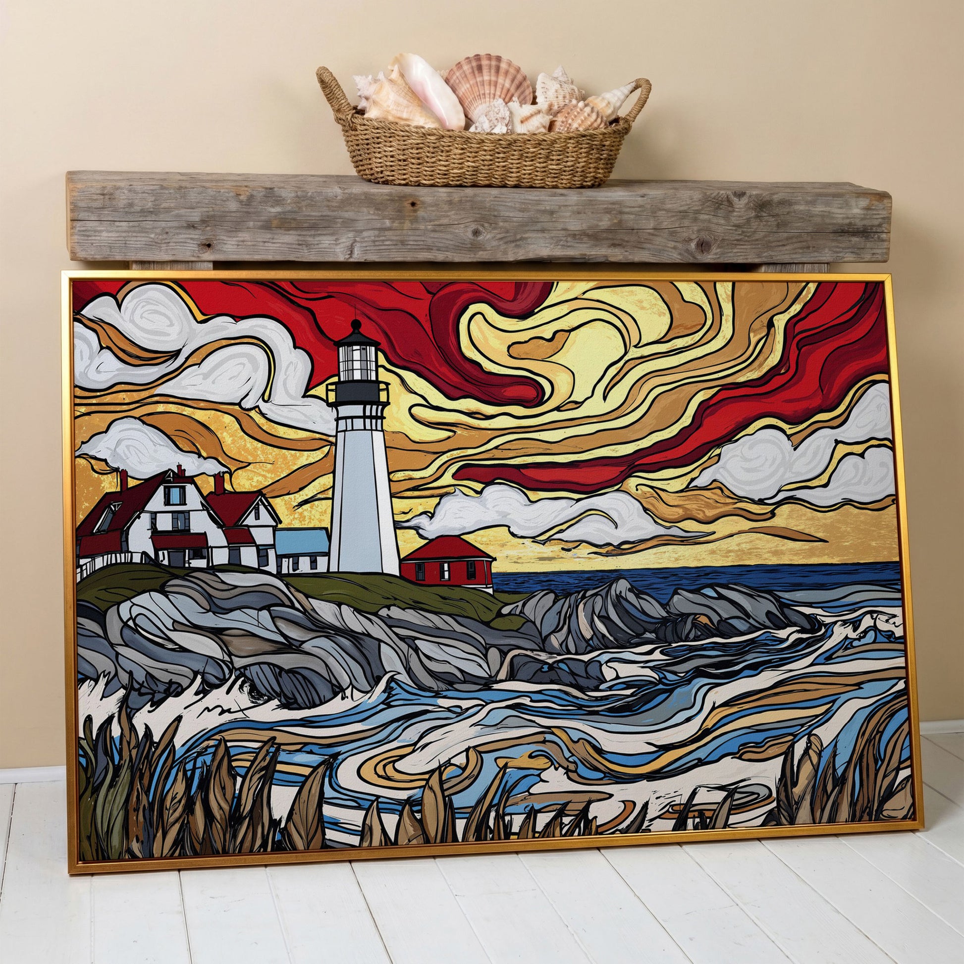 Rocky Shore Lighthouse at Sunset, Canvas Wall Art in antique gold floating frame