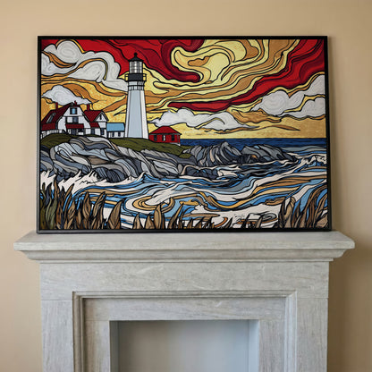 Rocky Shore Lighthouse at Sunset, Canvas Wall Art in black floating frame