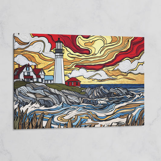 Rocky Shore Lighthouse at Sunset, Canvas Wall Art on gallery wrap