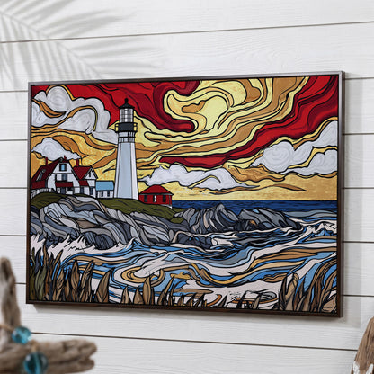 Rocky Shore Lighthouse at Sunset, Canvas Wall Art in dark walnut floating frame