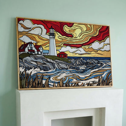 Rocky Shore Lighthouse at Sunset, Canvas Wall Art in white oak floating frame