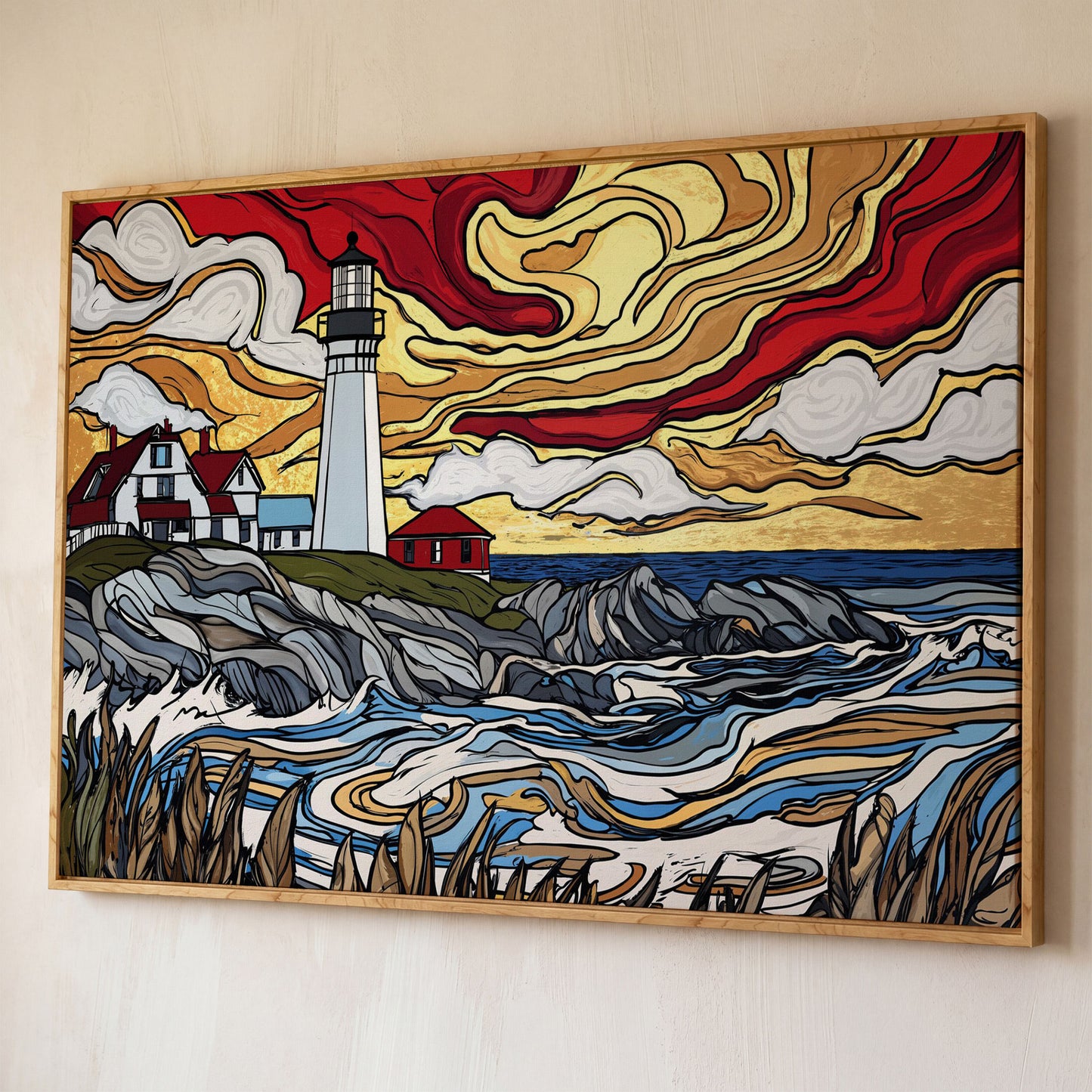 Rocky Shore Lighthouse at Sunset, Canvas Wall Art shown in white oak floating frame