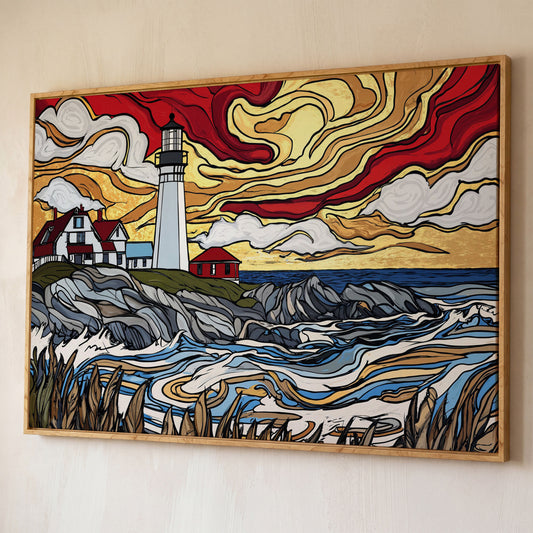 Rocky Shore Lighthouse at Sunset, Canvas Wall Art shown in white oak floating frame