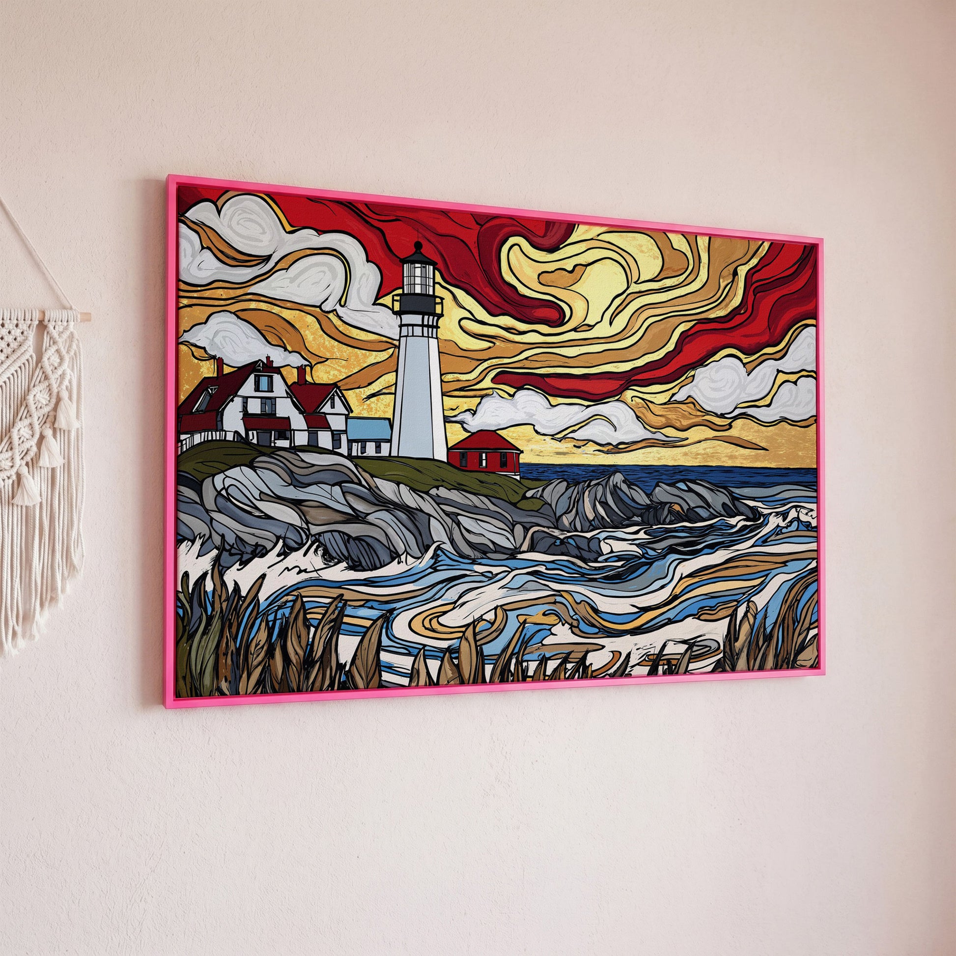 Rocky Shore Lighthouse at Sunset, Canvas Wall Art in pink floating frame