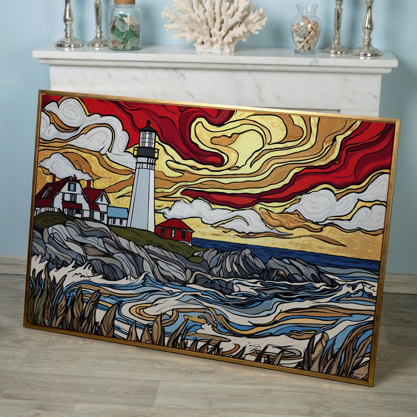 Rocky Shore Lighthouse at Sunset, Canvas Wall Art in rose gold floating frame