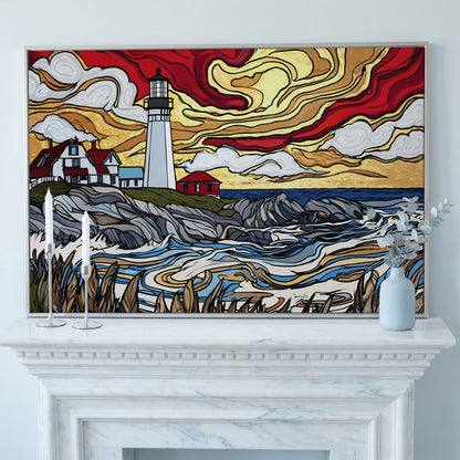 Rocky Shore Lighthouse at Sunset, Canvas Wall Art in silver floating frame