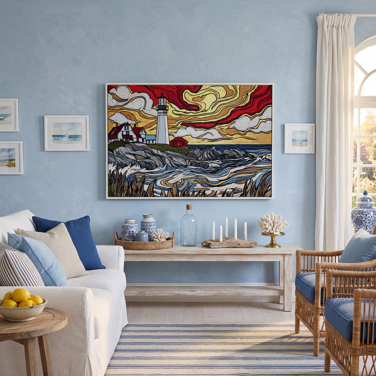 Rocky Shore Lighthouse at Sunset, Canvas Wall Art in white floating frame