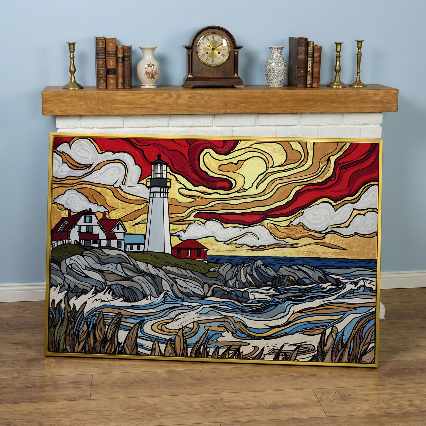 Rocky Shore Lighthouse at Sunset, Canvas Wall Art in yellow gold floating frame