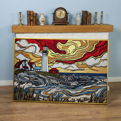 Rocky Shore Lighthouse at Sunset, Canvas Wall Art in yellow gold floating frame