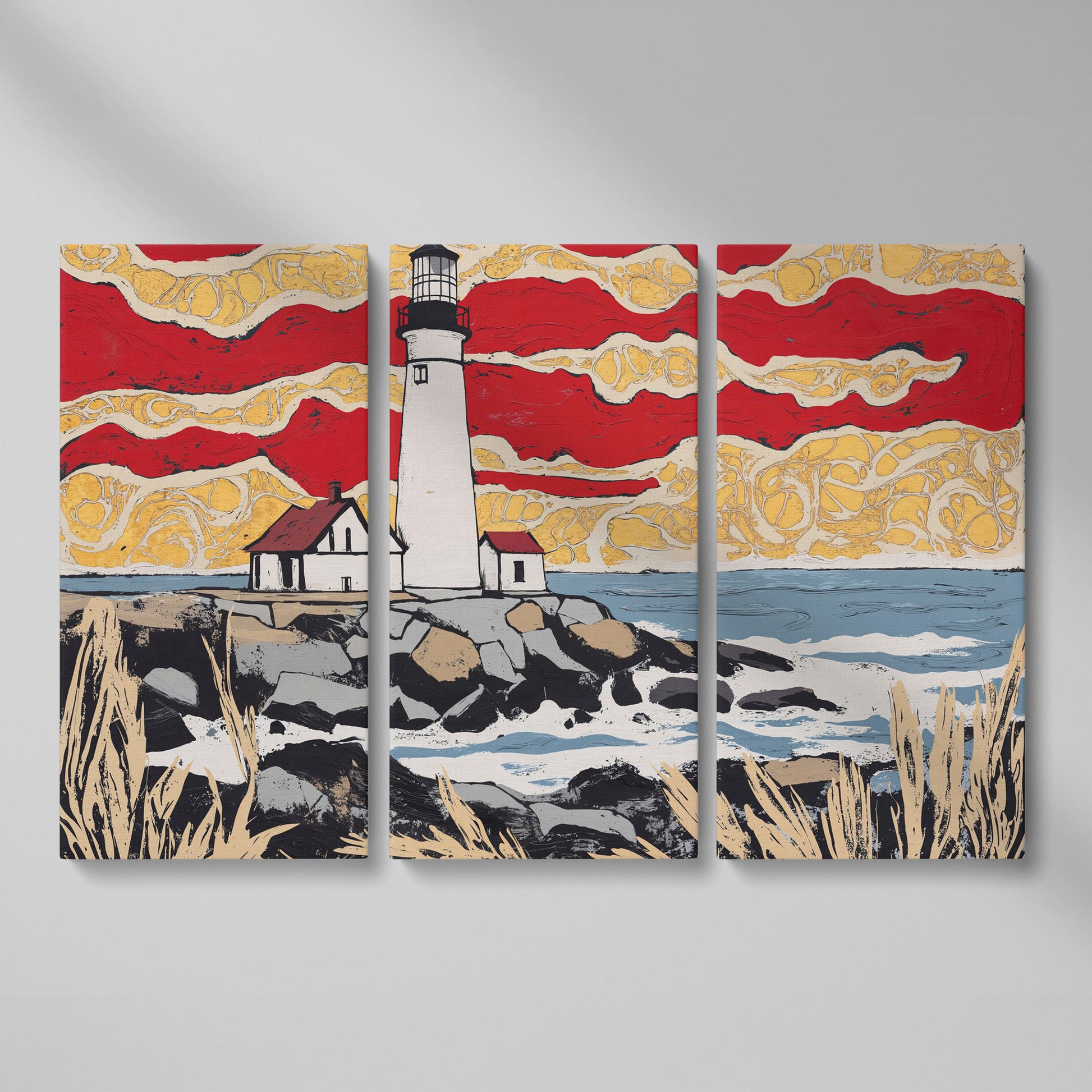 Lighthouse and Coastal Shoreline Canvas Wall Art as 3-panel split version