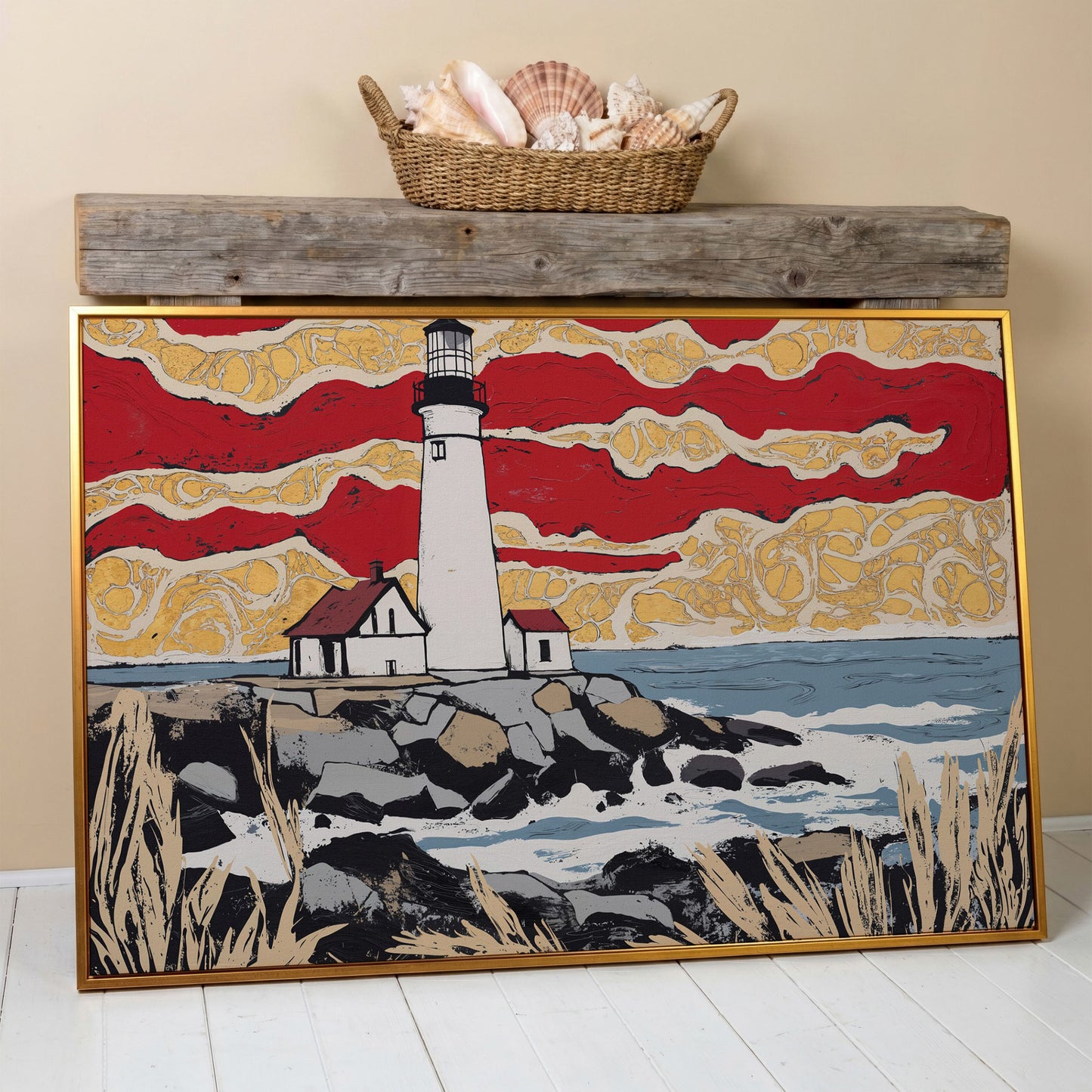 Lighthouse and Coastal Shoreline Canvas Wall Art in antique gold floating frame