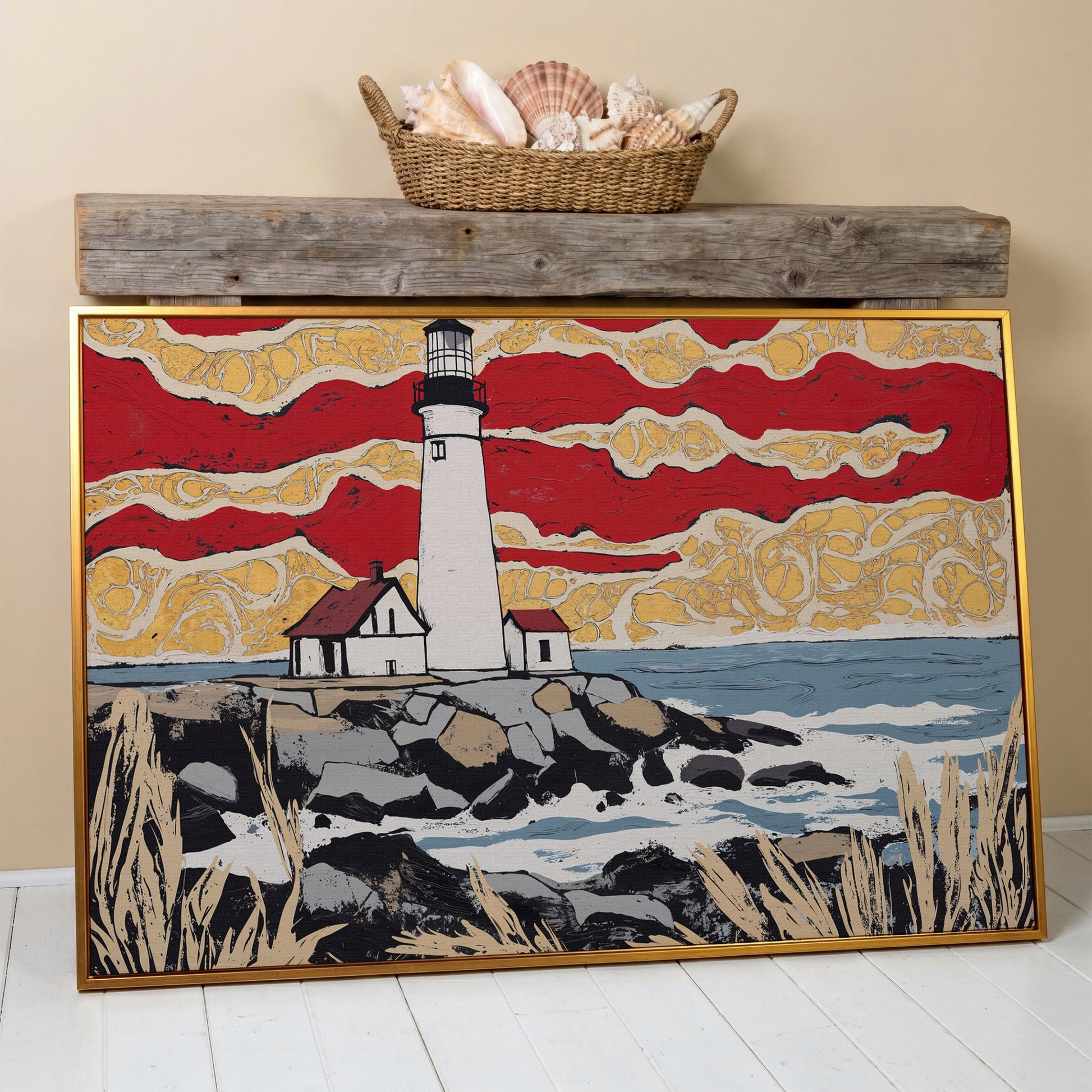 Lighthouse and Coastal Shoreline Canvas Wall Art in antique gold floating frame