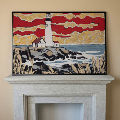 Lighthouse and Coastal Shoreline Canvas Wall Art in black floating frame