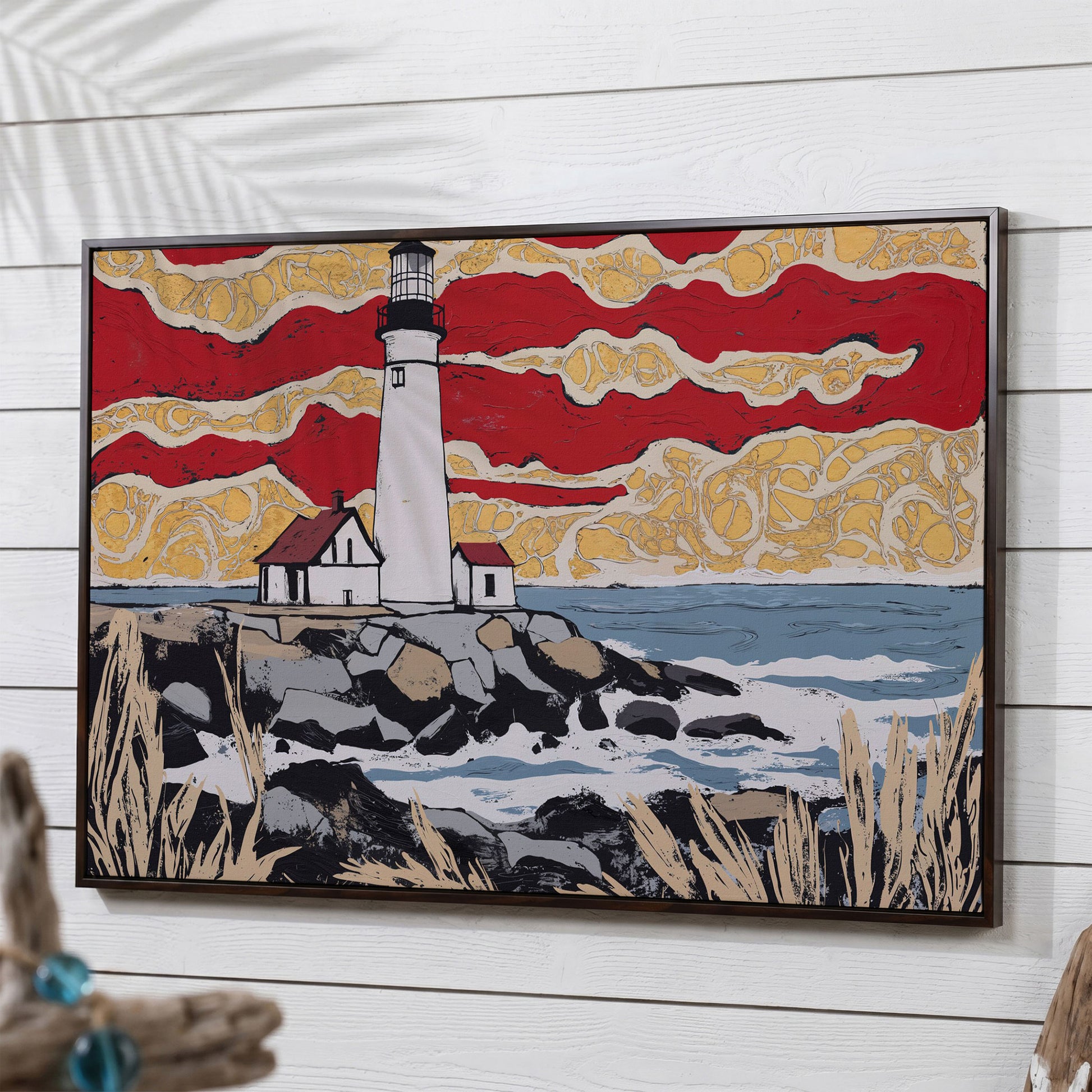 Lighthouse and Coastal Shoreline Canvas Wall Art in dark walnut floating frame