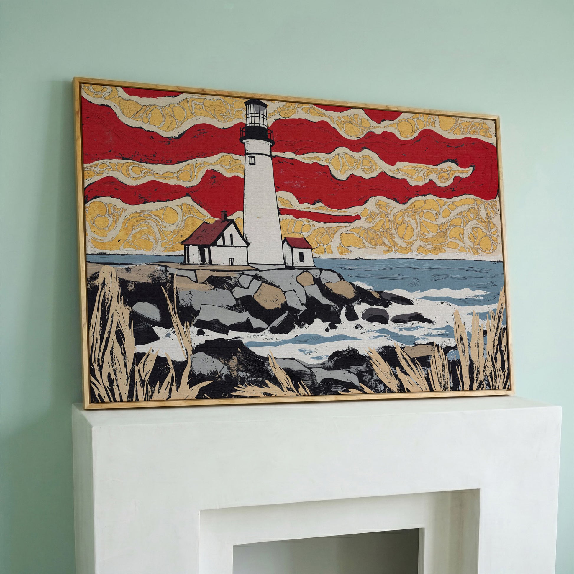Lighthouse and Coastal Shoreline Canvas Wall Art in white oak floating frame