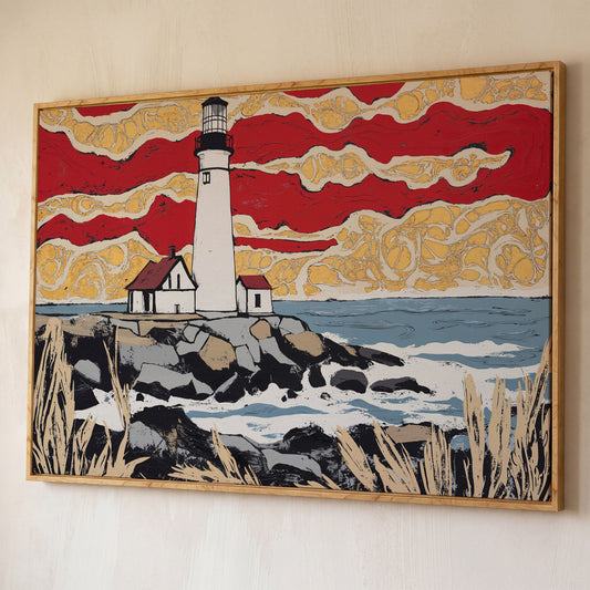 Lighthouse and Coastal Shoreline Canvas Wall Art shown in white oak floating frame