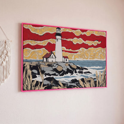 Lighthouse and Coastal Shoreline Canvas Wall Art in pink floating frame