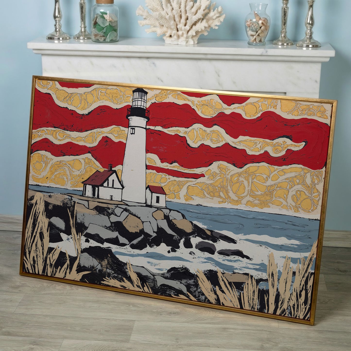 Lighthouse and Coastal Shoreline Canvas Wall Art in rose gold floating frame