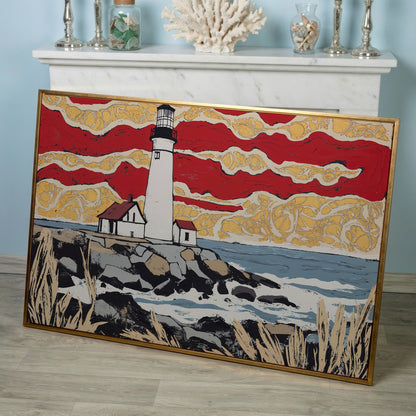 Lighthouse and Coastal Shoreline Canvas Wall Art in rose gold floating frame