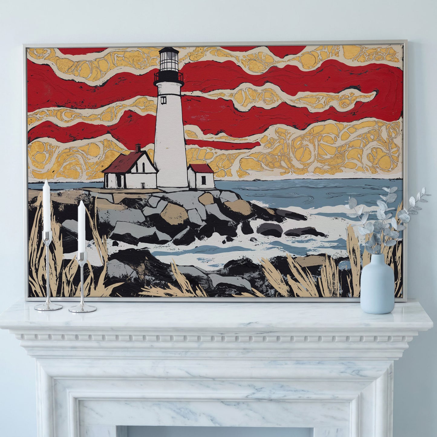 Lighthouse and Coastal Shoreline Canvas Wall Art in silver floating frame