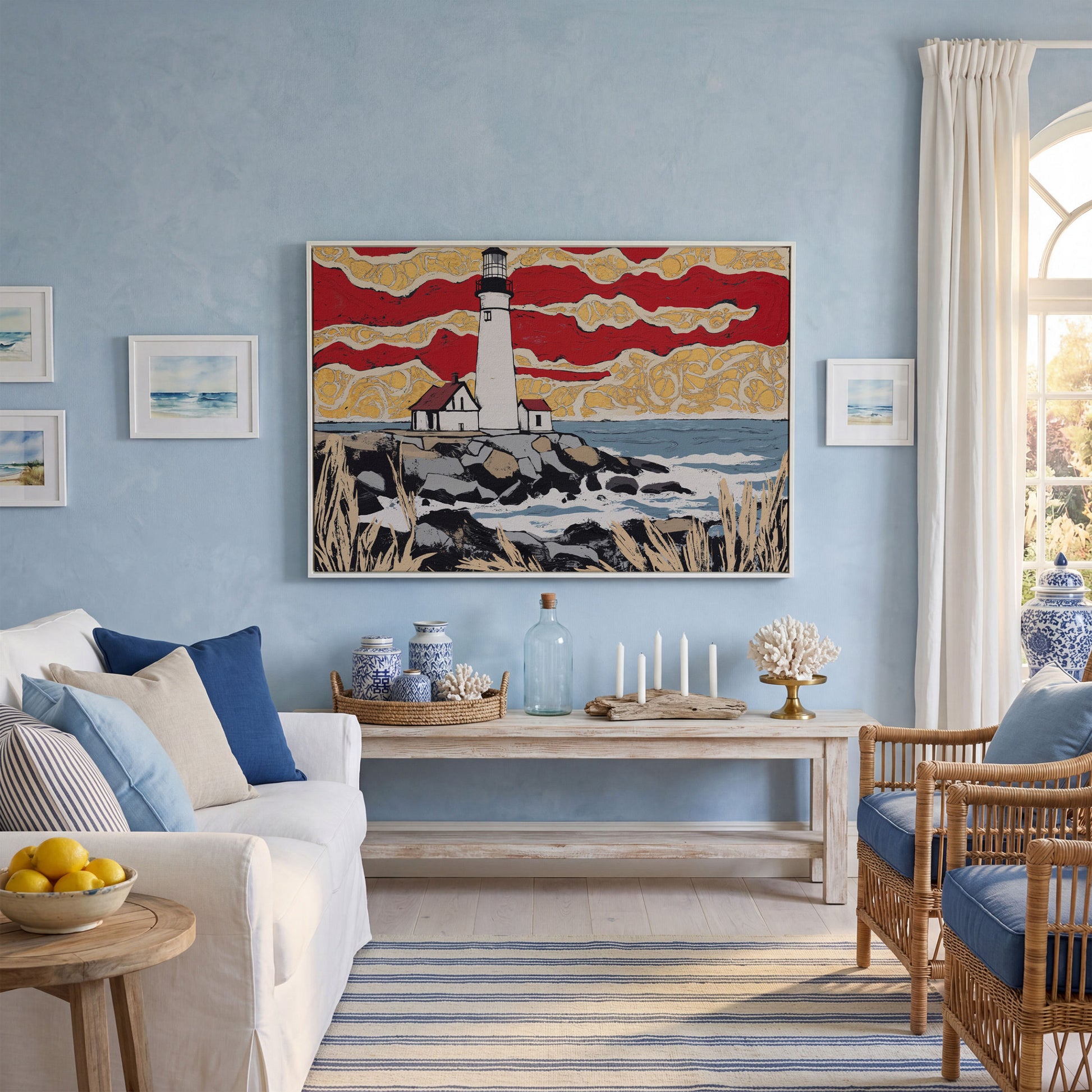 Lighthouse and Coastal Shoreline Canvas Wall Art in white floating frame