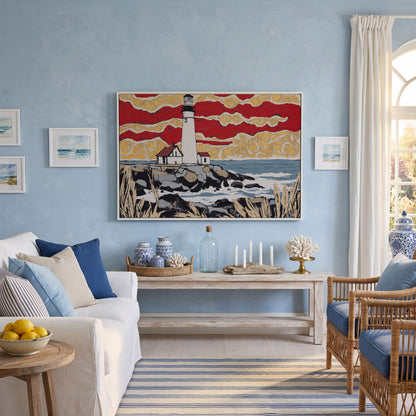 Lighthouse and Coastal Shoreline Canvas Wall Art in white floating frame