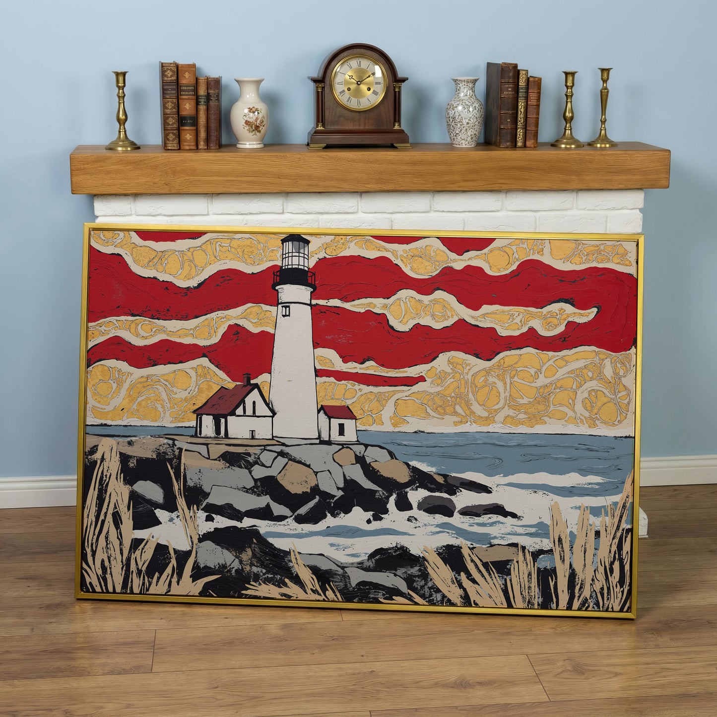 Lighthouse and Coastal Shoreline Canvas Wall Art in yellow gold floating frame