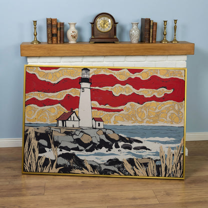 Lighthouse and Coastal Shoreline Canvas Wall Art in yellow gold floating frame