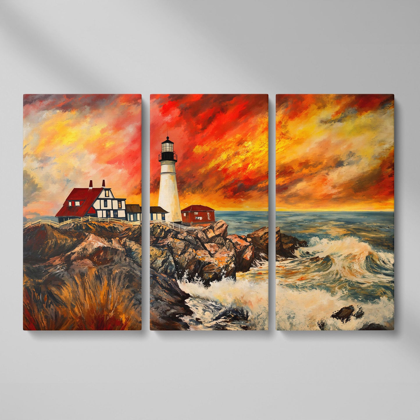 Crashing Waves and Lighthouse at Dusk, Rocky Coast Canvas as 3-panel split version