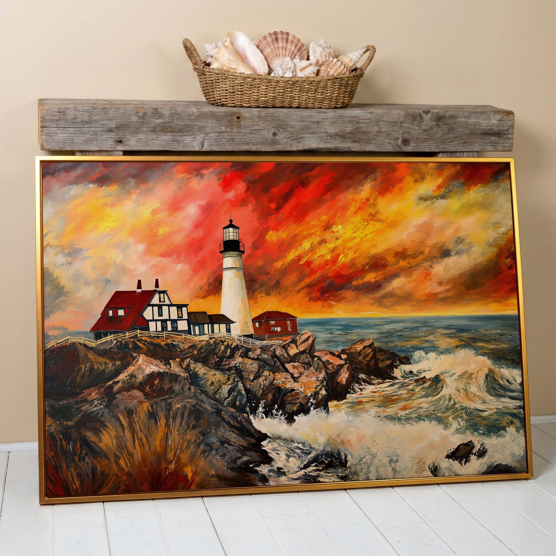 Crashing Waves and Lighthouse at Dusk, Rocky Coast Canvas in antique gold floating frame