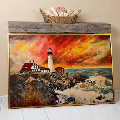 Crashing Waves and Lighthouse at Dusk, Rocky Coast Canvas in antique gold floating frame