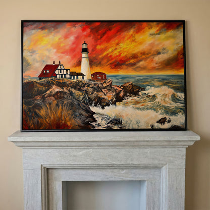 Crashing Waves and Lighthouse at Dusk, Rocky Coast Canvas in black floating frame