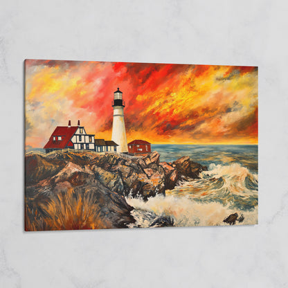 Crashing Waves and Lighthouse at Dusk, Rocky Coast Canvas on gallery wrap
