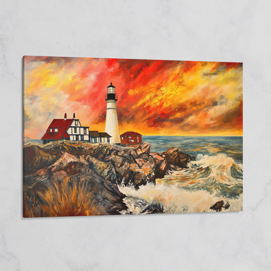 Crashing Waves and Lighthouse at Dusk, Rocky Coast Canvas on gallery wrap