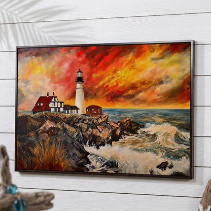 Crashing Waves and Lighthouse at Dusk, Rocky Coast Canvas in dark walnut floating frame