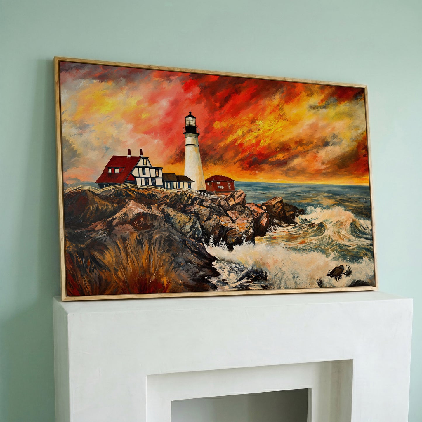 Crashing Waves and Lighthouse at Dusk, Rocky Coast Canvas in white oak floating frame