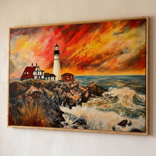 Crashing Waves and Lighthouse at Dusk, Rocky Coast Canvas shown in white oak floating frame