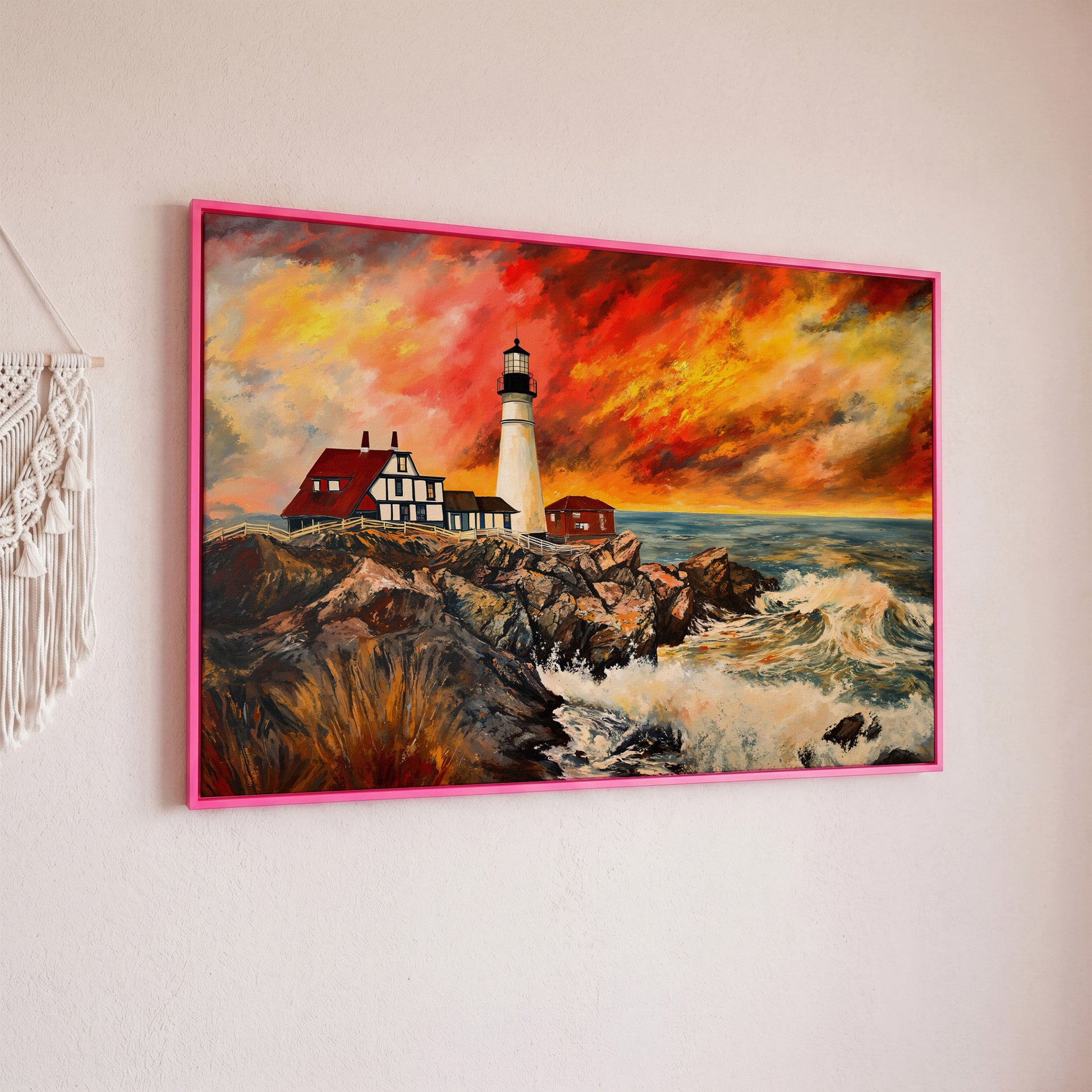 Crashing Waves and Lighthouse at Dusk, Rocky Coast Canvas in pink floating frame