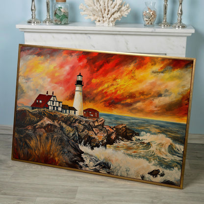 Crashing Waves and Lighthouse at Dusk, Rocky Coast Canvas in rose gold floating frame