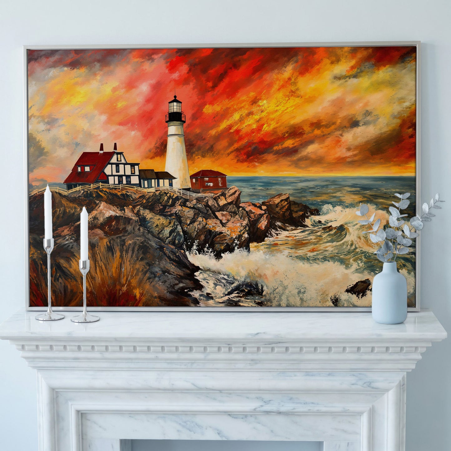 Crashing Waves and Lighthouse at Dusk, Rocky Coast Canvas in silver floating frame