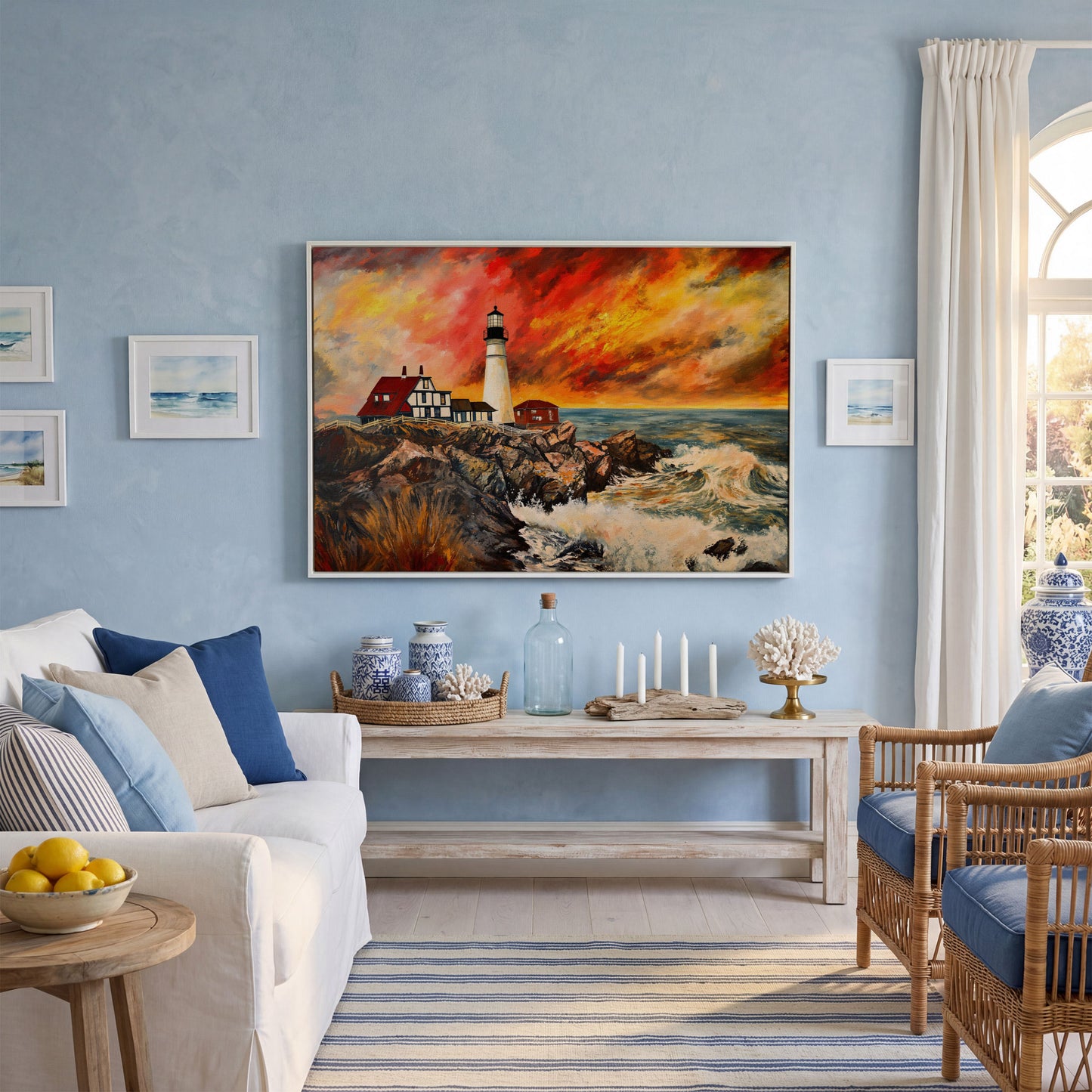 Crashing Waves and Lighthouse at Dusk, Rocky Coast Canvas in white floating frame