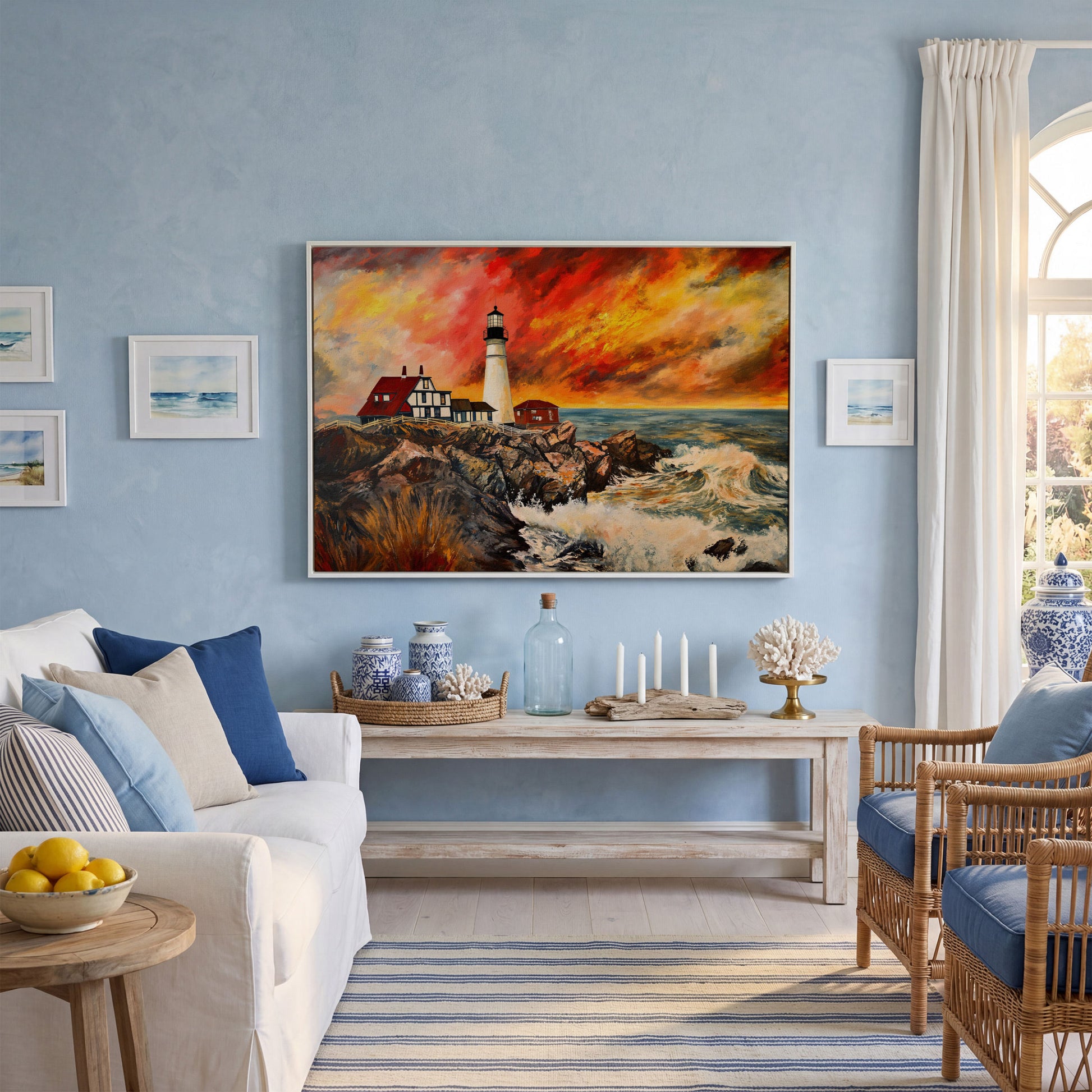 Crashing Waves and Lighthouse at Dusk, Rocky Coast Canvas in white floating frame