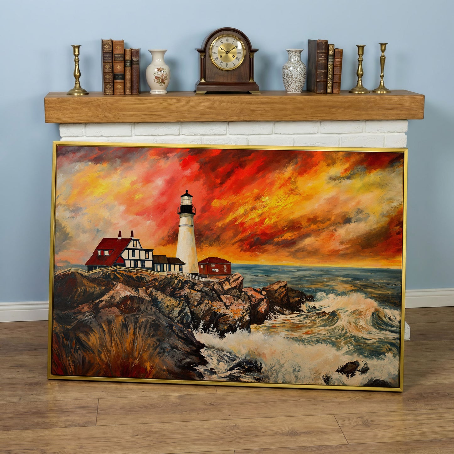 Crashing Waves and Lighthouse at Dusk, Rocky Coast Canvas in yellow gold floating frame