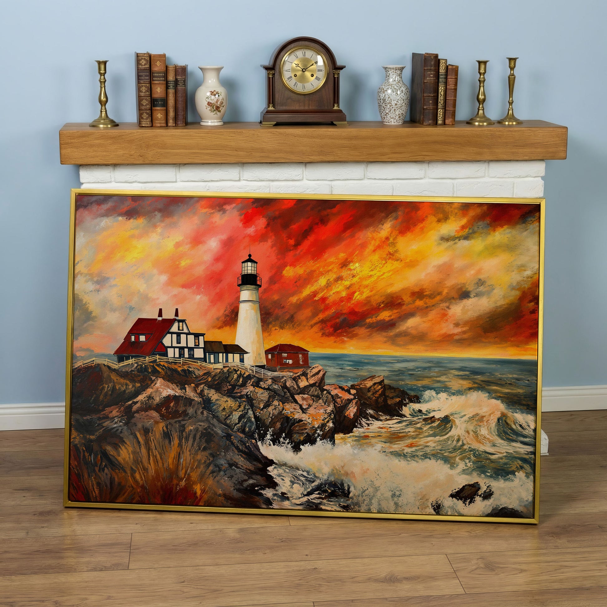 Crashing Waves and Lighthouse at Dusk, Rocky Coast Canvas in yellow gold floating frame