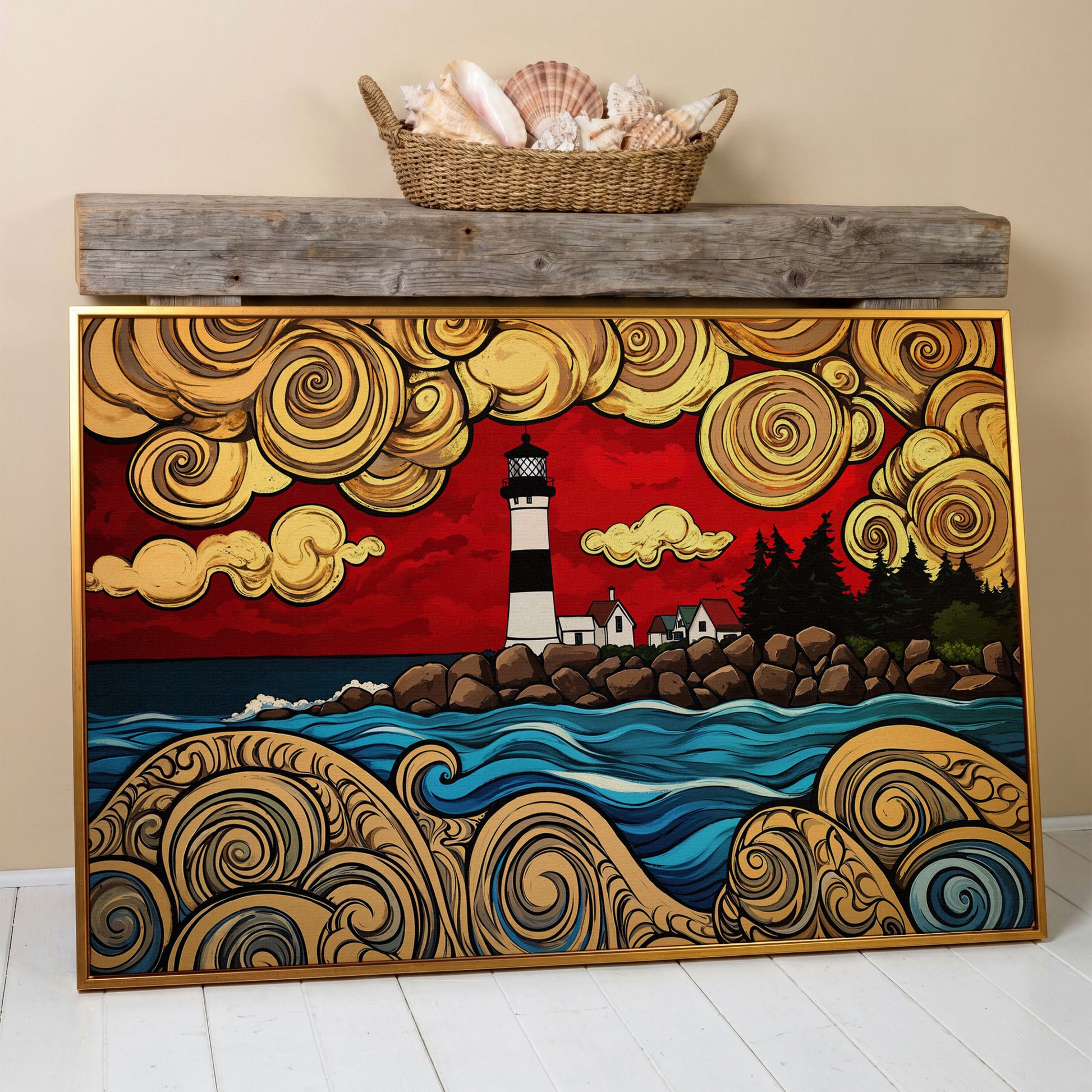 Lighthouse and Rocky Shore Canvas Wall Art in antique gold floating frame