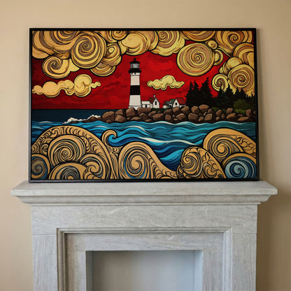 Lighthouse and Rocky Shore Canvas Wall Art in black floating frame