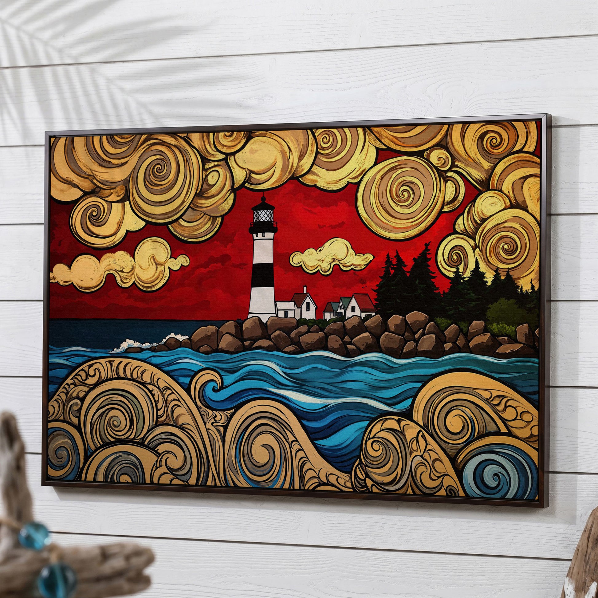 Lighthouse and Rocky Shore Canvas Wall Art in dark walnut floating frame