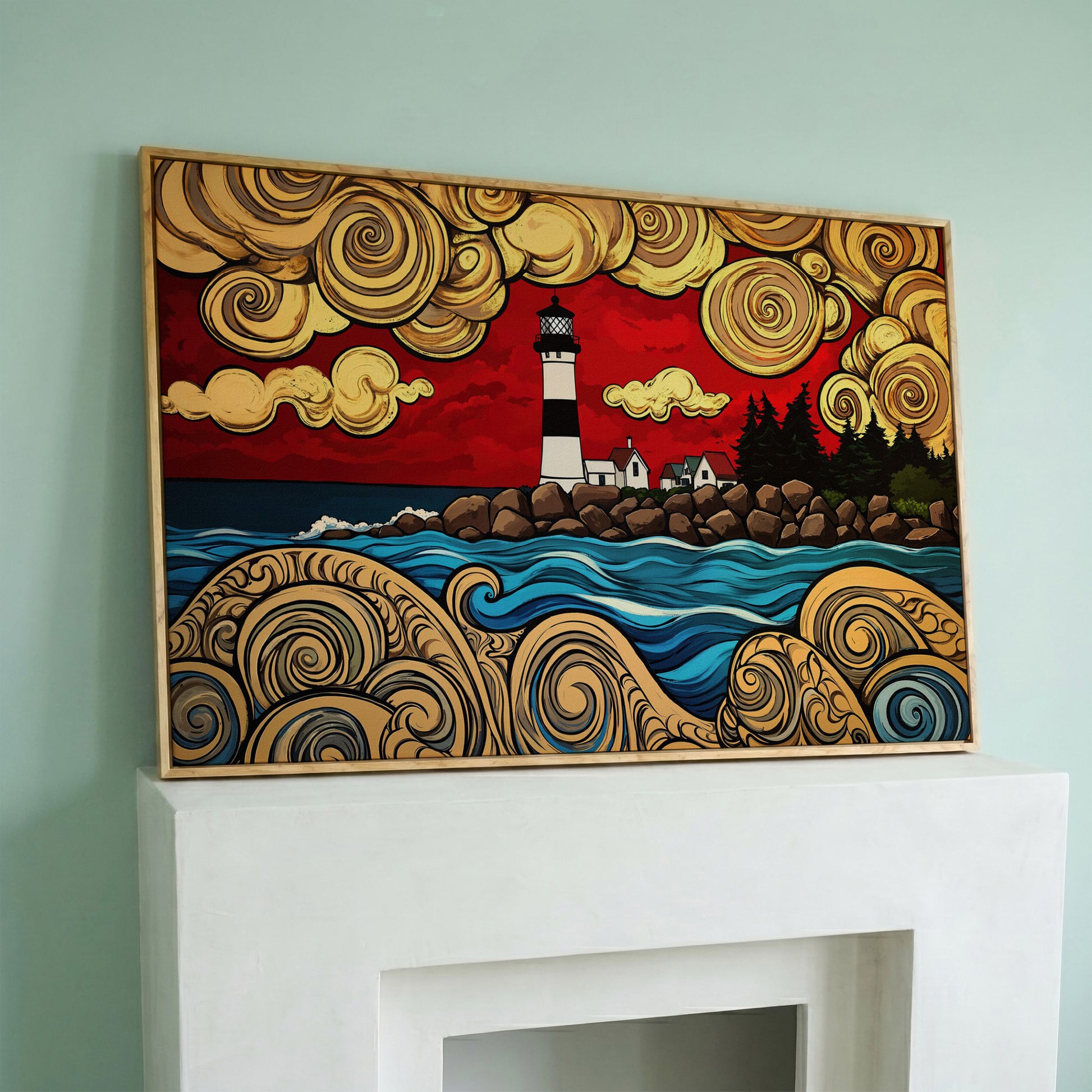 Lighthouse and Rocky Shore Canvas Wall Art in white oak floating frame