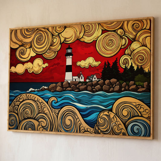 Lighthouse and Rocky Shore Canvas Wall Art shown in white oak floating frame