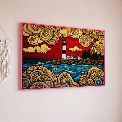 Lighthouse and Rocky Shore Canvas Wall Art in pink floating frame